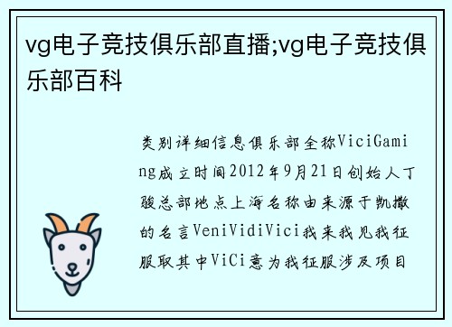 vg电子竞技俱乐部直播;vg电子竞技俱乐部百科